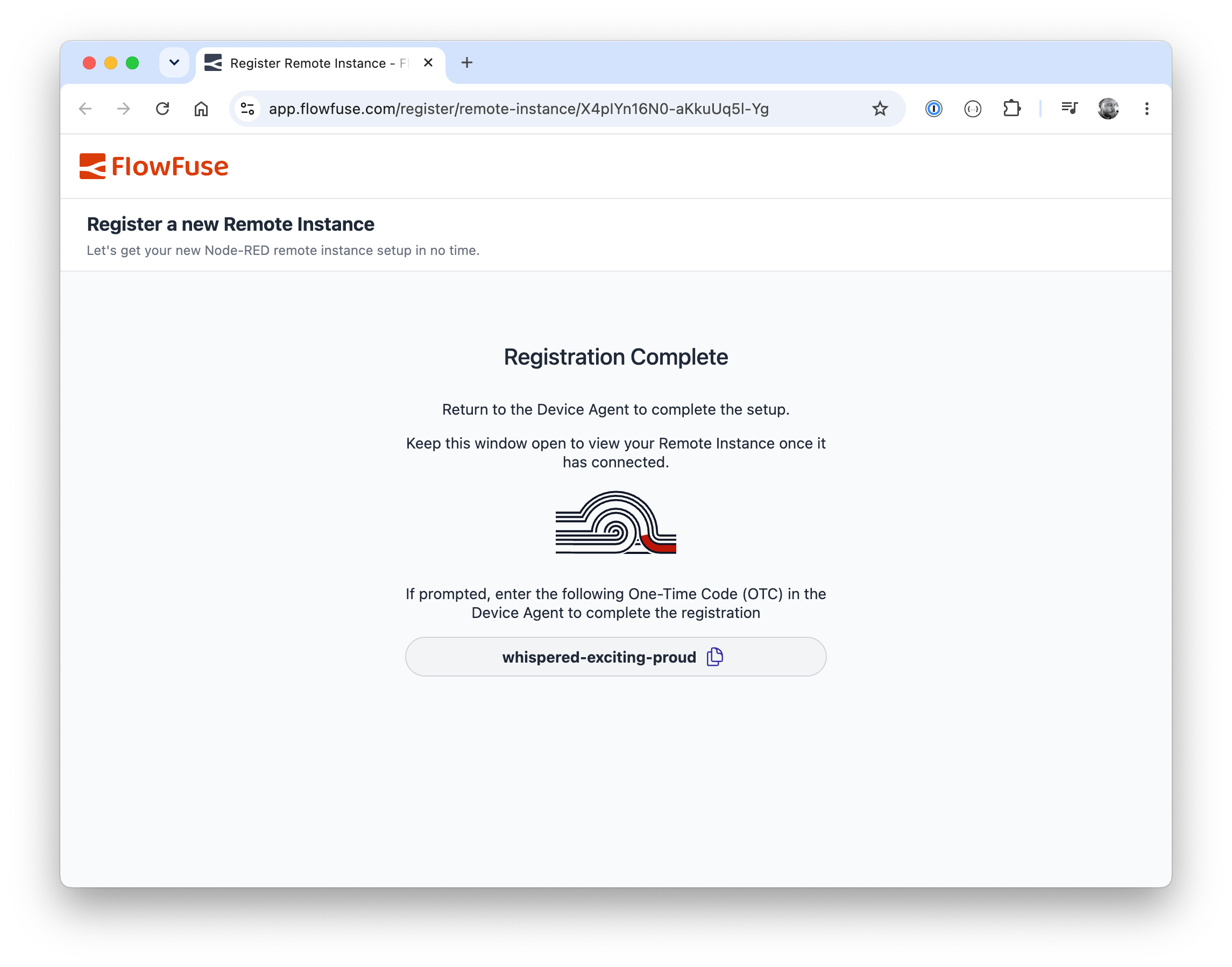 The interactive registration takes you straight through to the Node-RED editor once connected