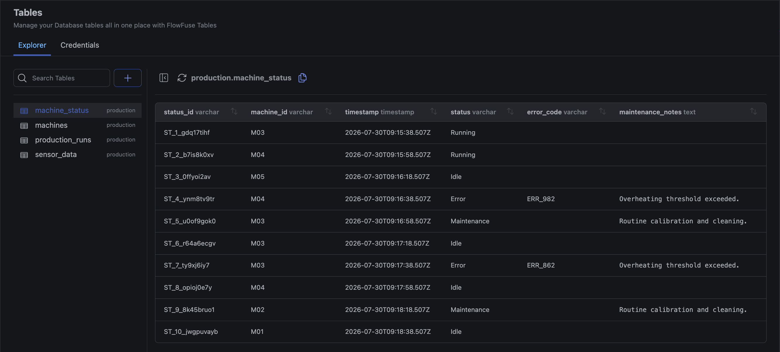 The Tables explorer showing each table's schema next to its name, and the qualified schema.table name with a copy button in the header