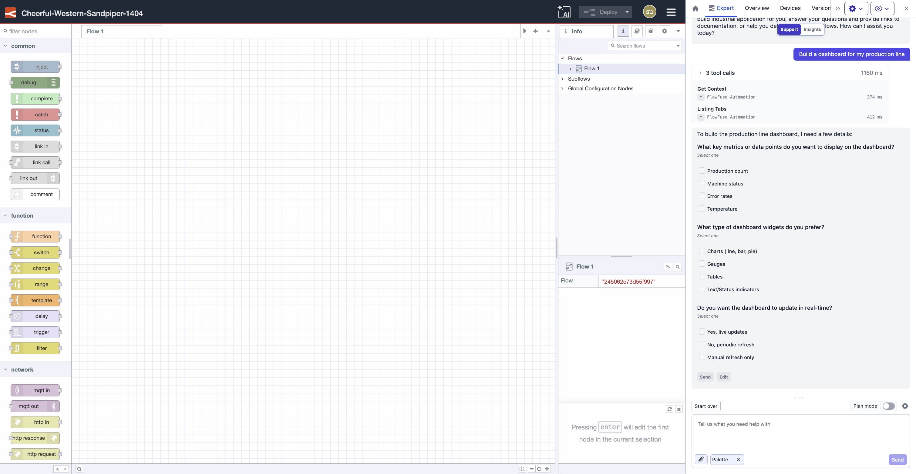 The Expert asking grouped clarifying questions before building, each with selectable options