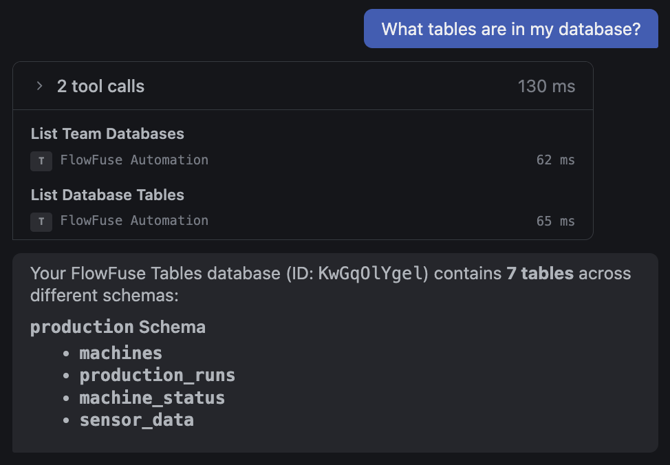 The Expert answering a question about a FlowFuse Tables database