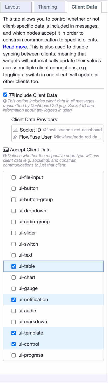 Screenshot: FF Auth settings showing Include Client Data and Accept Client Data enabled for Dashboard nodes