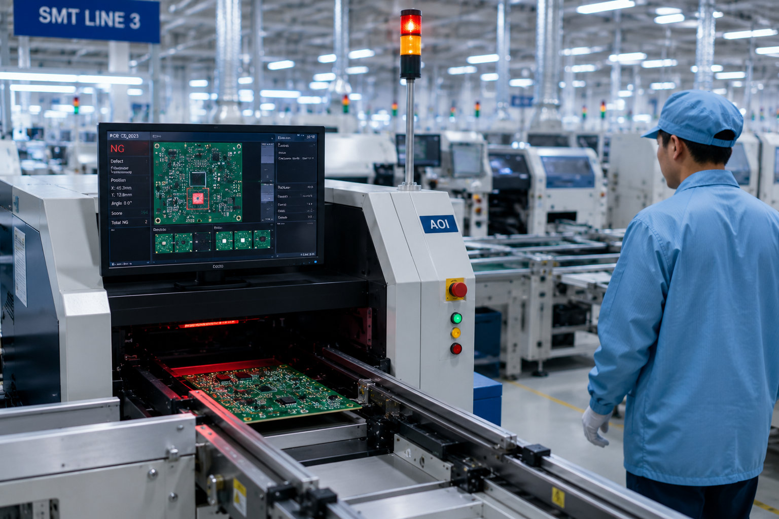 Automated optical inspection (AOI) station detecting a PCB defect on an SMT production line while a technician approaches the machine