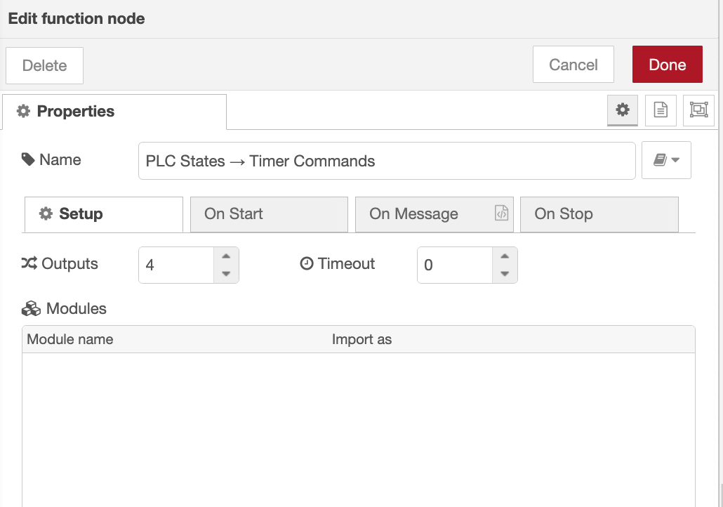 Function node code editor showing the four-output script that converts PLC states into start and stop commands