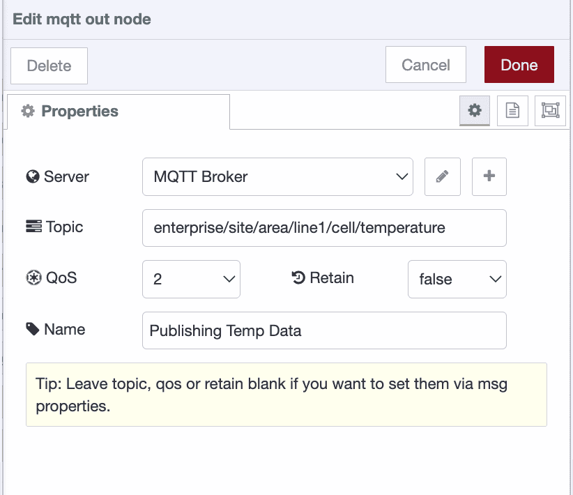 MQTT Out node, publishing data to a topic