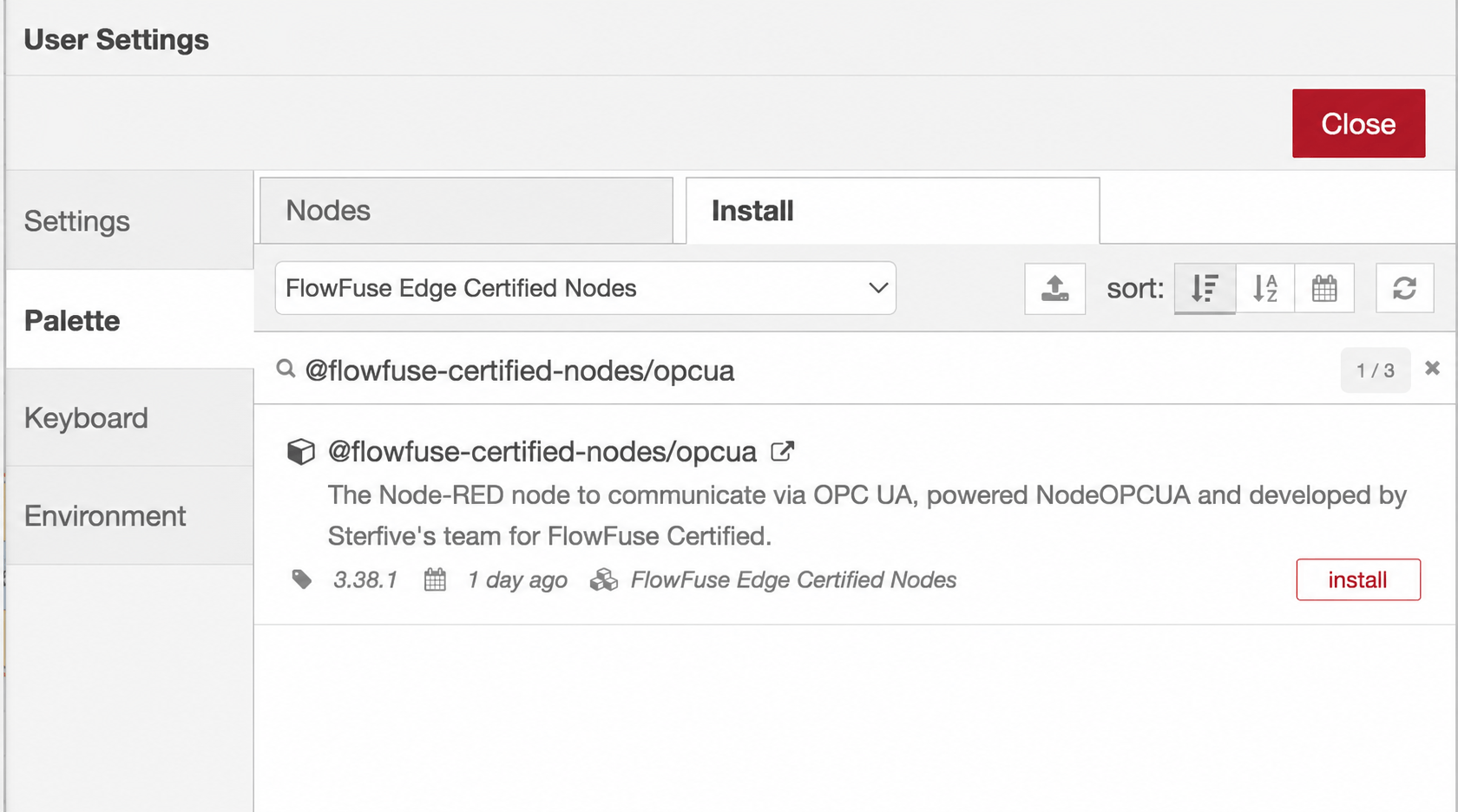 Manage palette Install tab showing the OPC UA certified package in search results