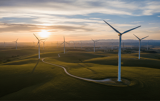 Wind turbines in an open field at sunset.