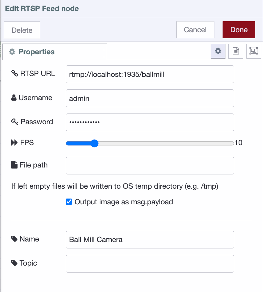 The RTSP Feed node settings panel showing the RTSP URL, optional Username and Password credential fields, the FPS selector set to 10, and the Output image as msg.payload option enabled