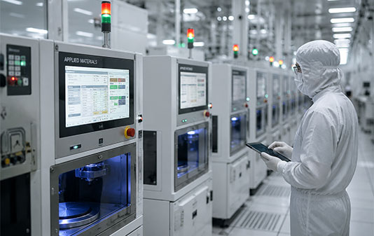 Semiconductor engineer monitoring production equipment in a cleanroom facility